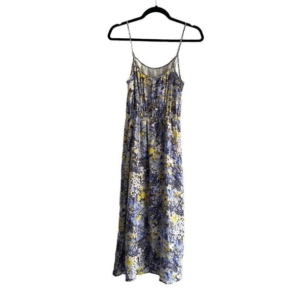 BANANA REPUBLIC Sleeveless Silk Midi Dress Floral Print Blue Yellow XSP - Picture 3 of 6